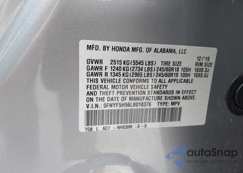 2020 Honda Pilot 2Wd Ex-L z USA, uszkodzony, nr VIN 5FNYF5H56LB018376